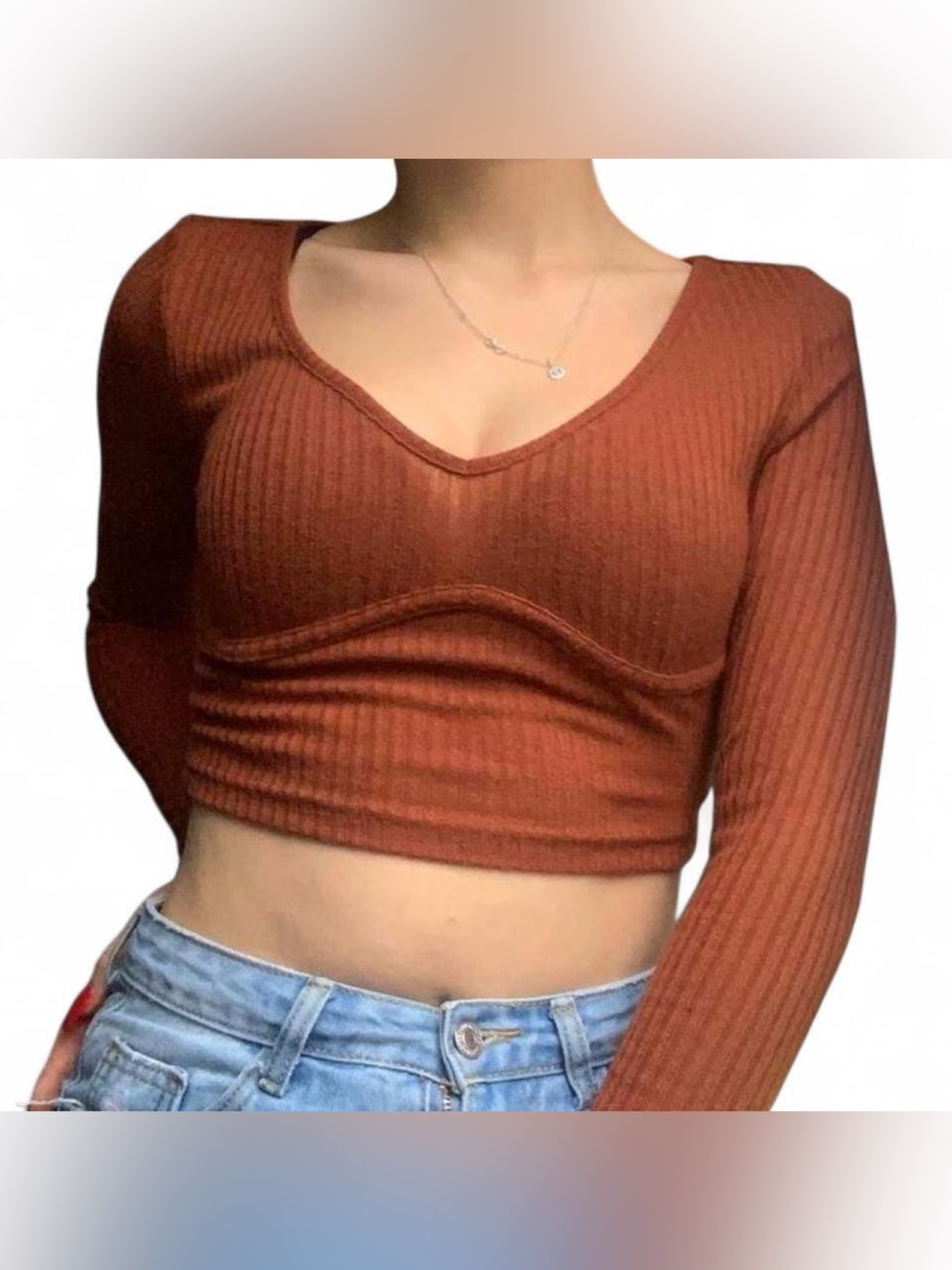 SHEIN Rust Ribbed V-Neck Long Sleeve Crop Top